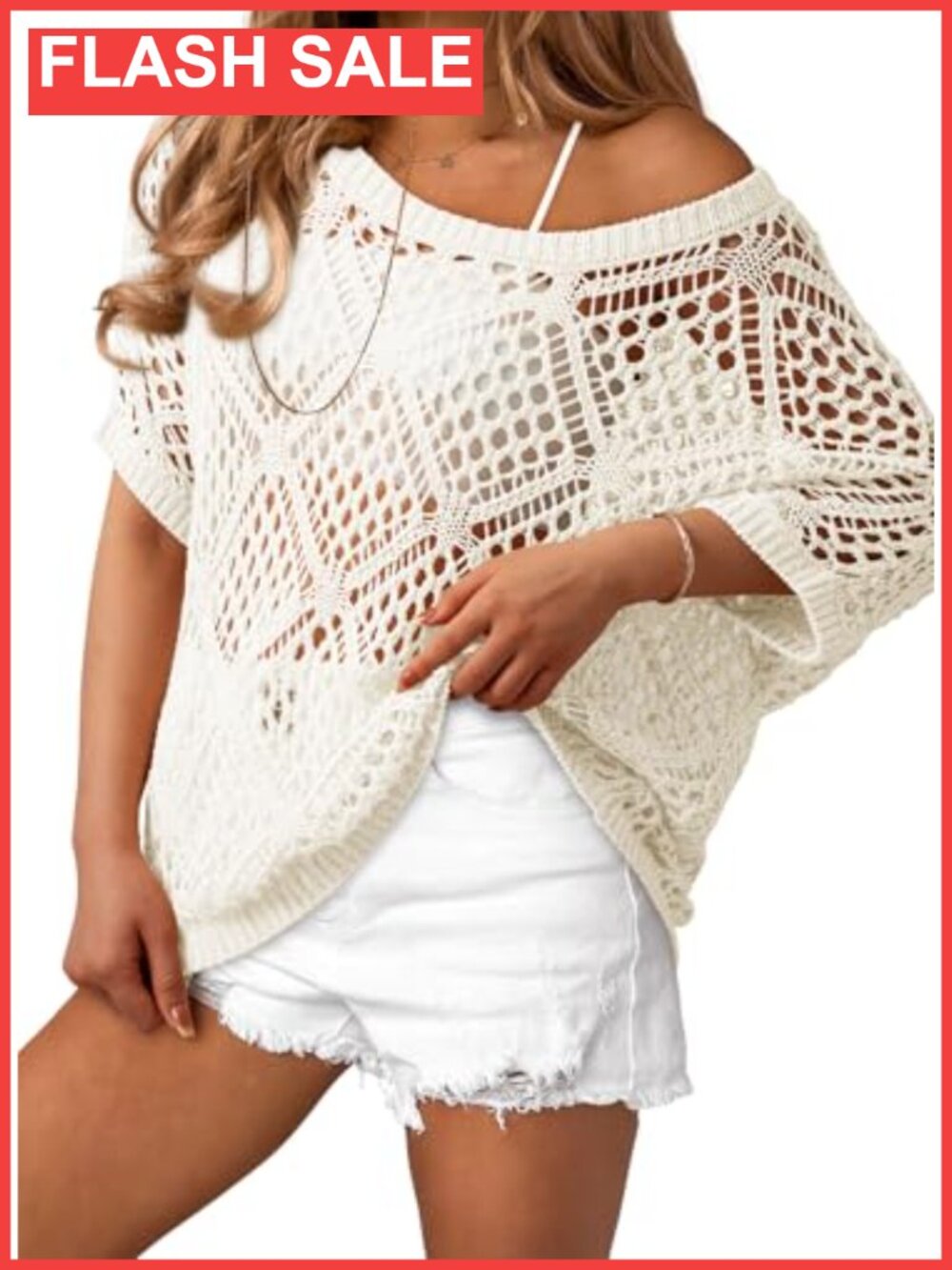 Crochet Off Shoulder Cover Up Top Short Sleeve Knit Beach Swimsuit Coverup